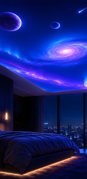 Bedroom with a space projection on the ceiling - Wallpapers for Samsung in 360x740 resolution
