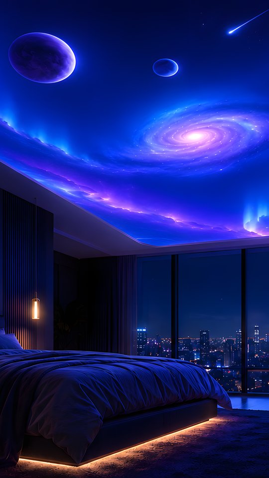 Bedroom with a space projection on the ceiling - Wallpapers for Samsung, HTC, Sony in 540x960 resolution