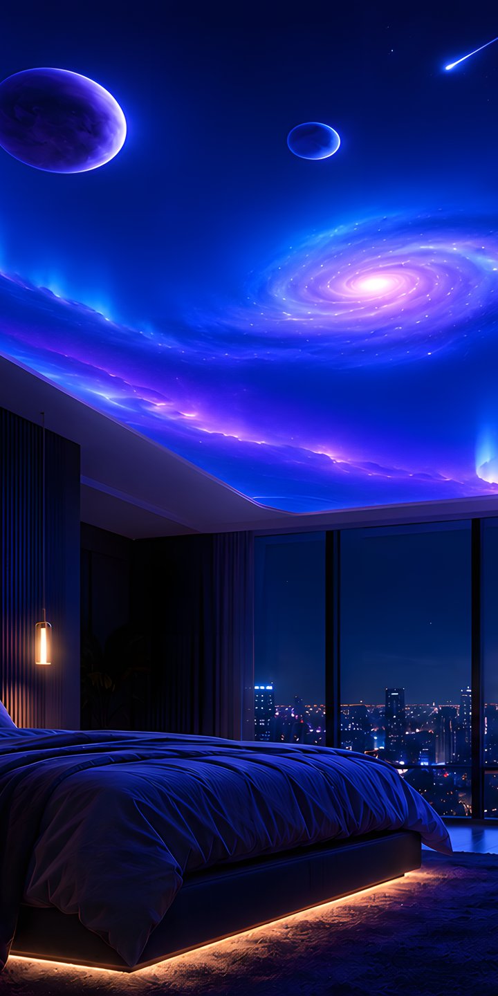 Bedroom with a space projection on the ceiling - Wallpapers for Samsung Galaxy A03s, Xiaomi Redmi 7A, POCO C3 in 720x1440 resolution