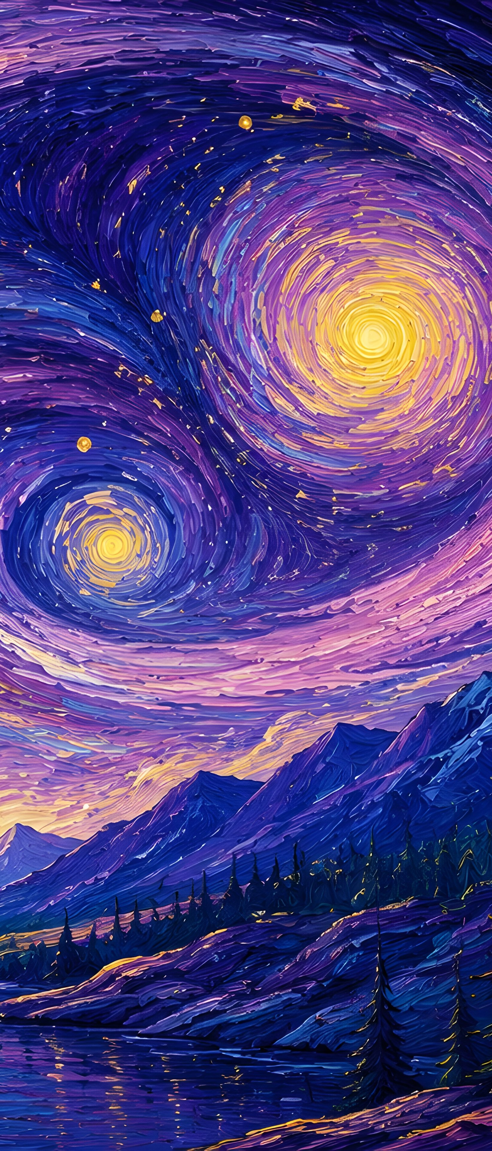 Mountains and river in the style of Van Gogh - Wallpapers for Sony Xperia 1/Xperia 1 III/Xperia PRO-I in 1644x3840 resolution