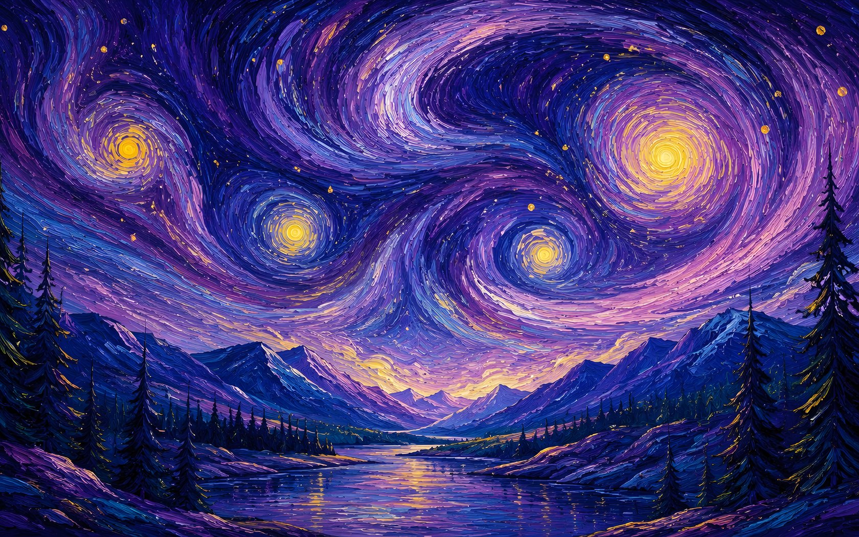Mountains and river in the style of Van Gogh - WSXGA+ wallpapers in 1680x1050 resolution