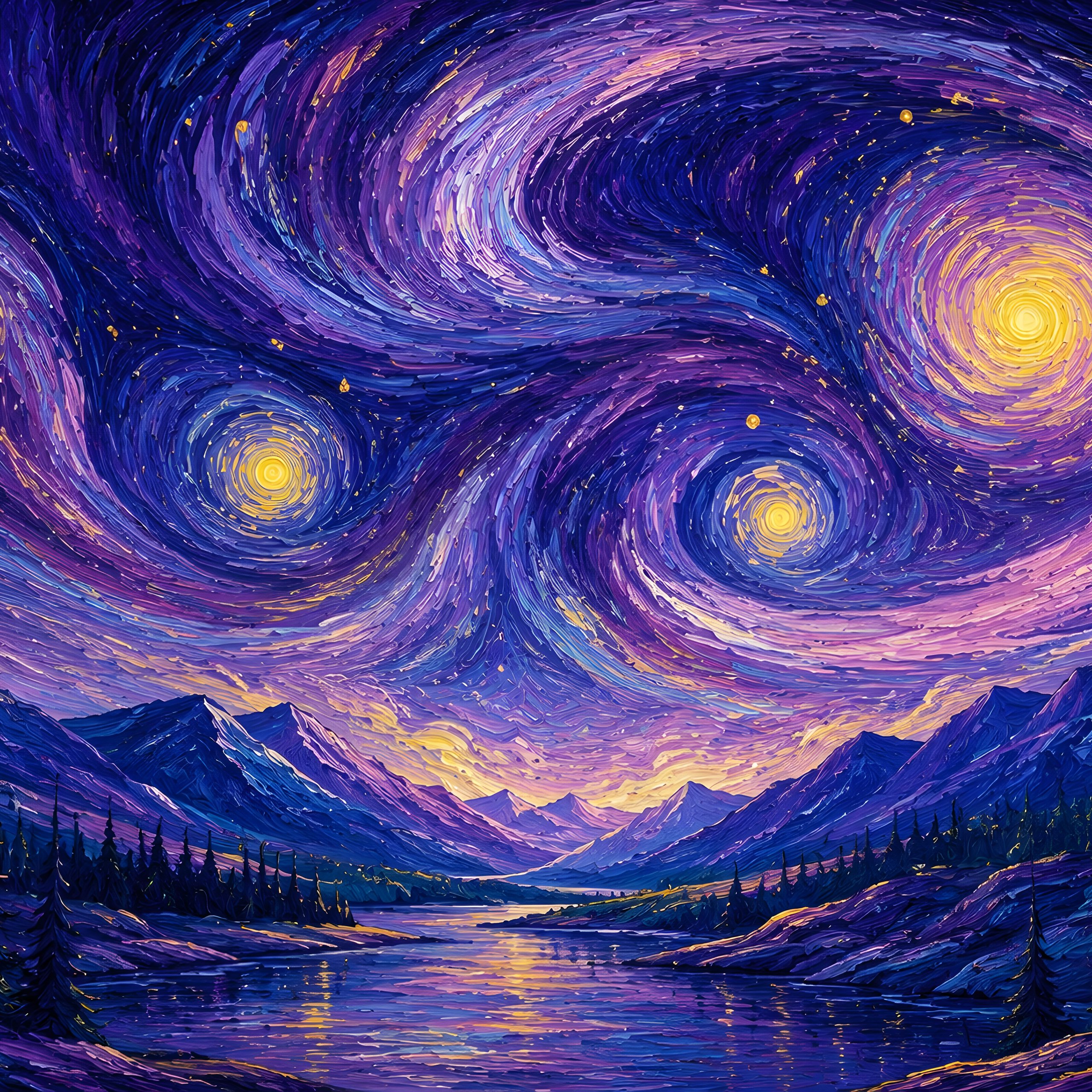 Mountains and river in the style of Van Gogh - Wallpapers for Samsung Galaxy Tab S9 FE+/Tab S11, Xiaomi Pad 5, Redmi Pad 2 Pro, POCO Pad in 2560x2560 resolution