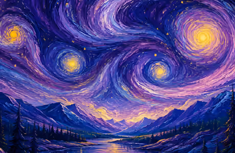 Обои иллюстрации для Apple MacBook 16.2″ (3456x2234): Ван Гог, сюрреализм, горы, река