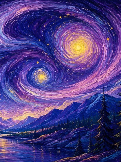 Mountains and river in the style of Van Gogh - Wallpapers for HTC/BlackBerry in 480x640 resolution