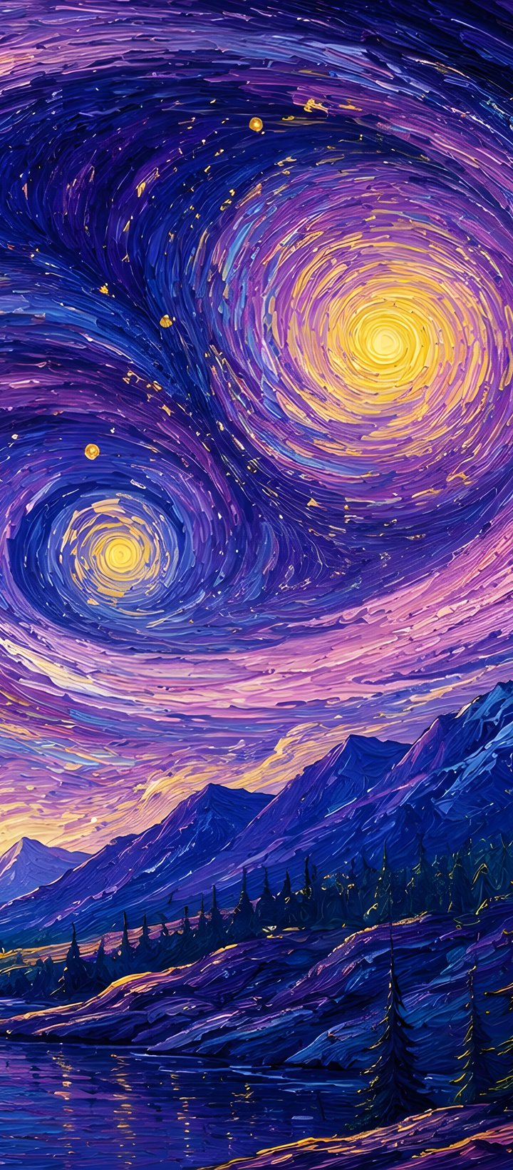 Mountains and river in the style of Van Gogh - Wallpapers for Xiaomi Redmi 14C, POCO C71/C75/M7, Infinix Note 8 in 720x1640 resolution