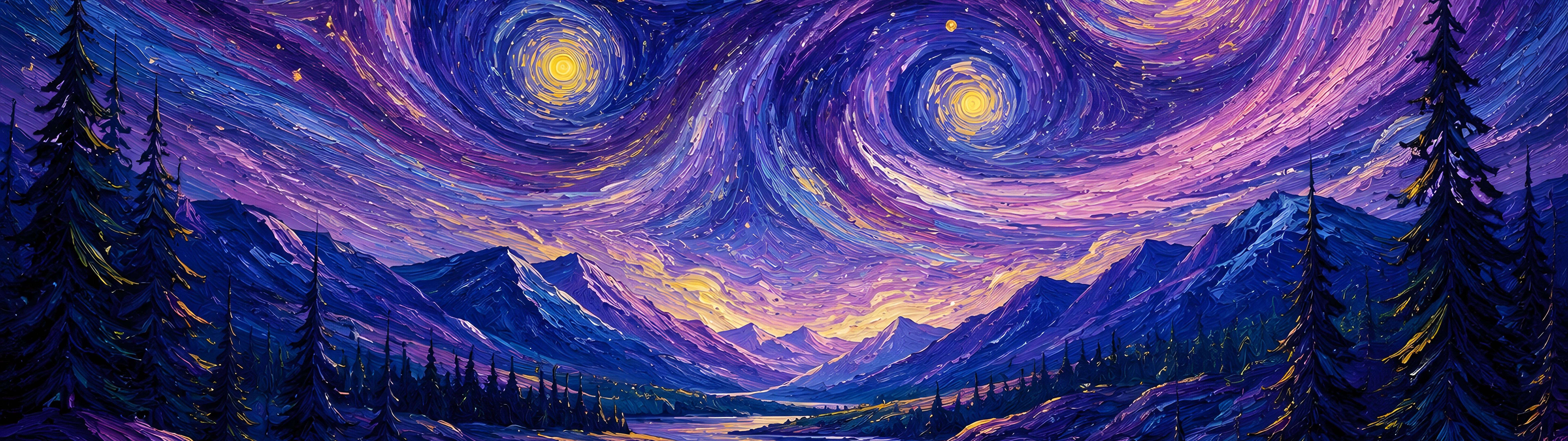 Mountains and river in the style of Van Gogh - Dual Monitor Wallpapers in 7680x2160 resolution