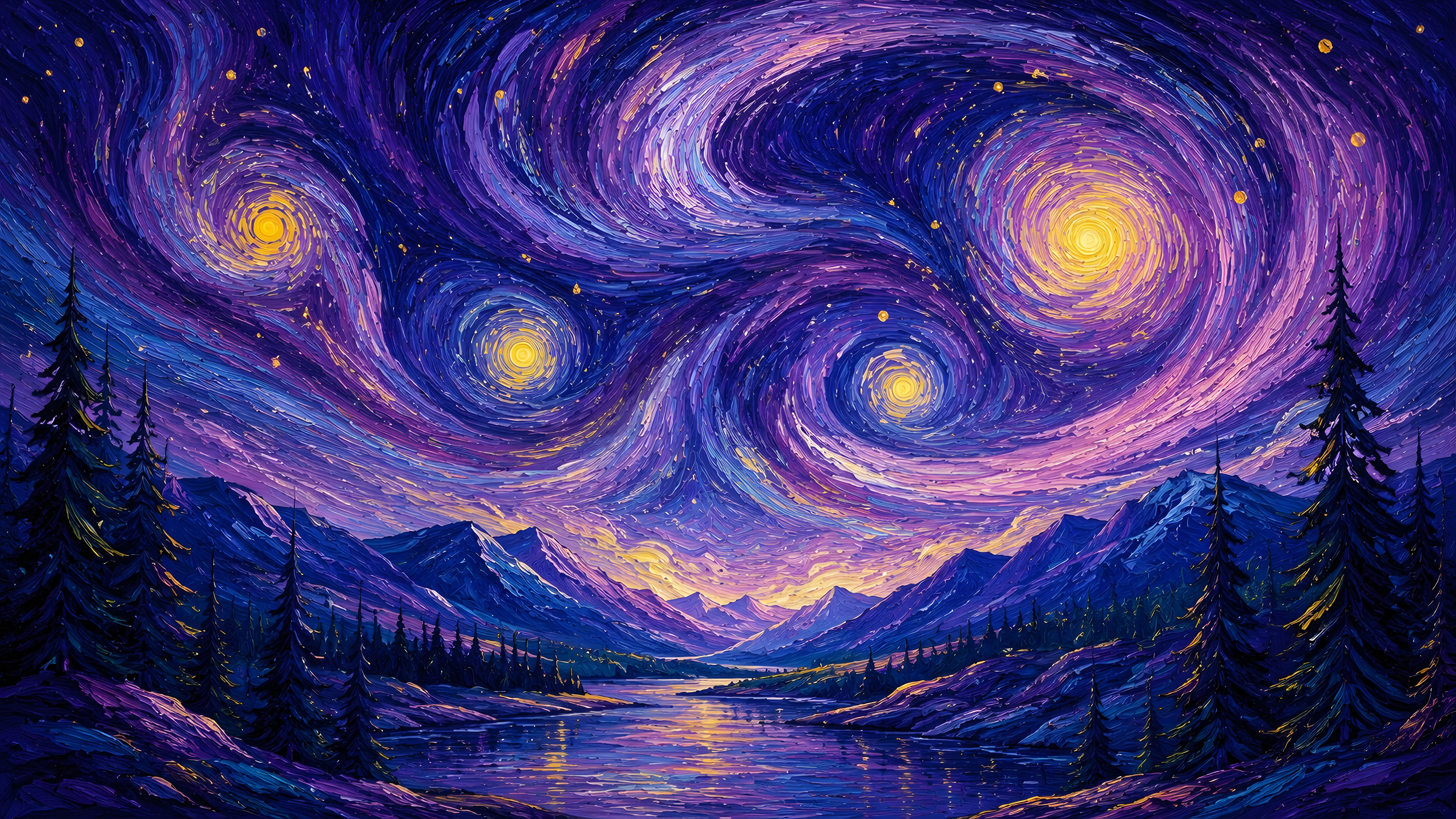 Mountains and river in the style of Van Gogh - 8K wallpapers in 7680x4320 resolution
