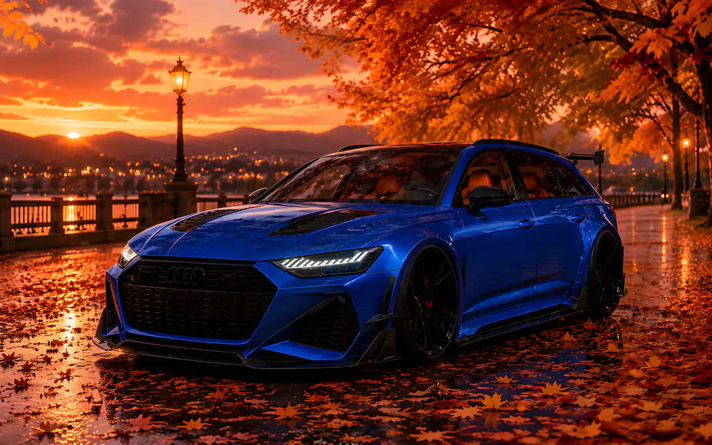 Audi RS 6 by the Autumn Waterfront — desktop and phone wallpaper, free download