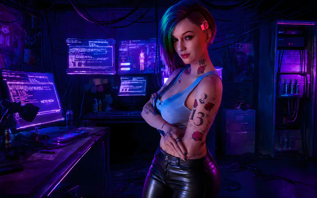 Judy Alvarez in the cyberpunk room — desktop and phone wallpaper, free download