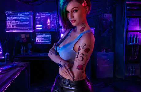 HDV 720p обои монитор (1280x720): Джуди Альварес, Cyberpunk 2077, киберпанк, синие волосы