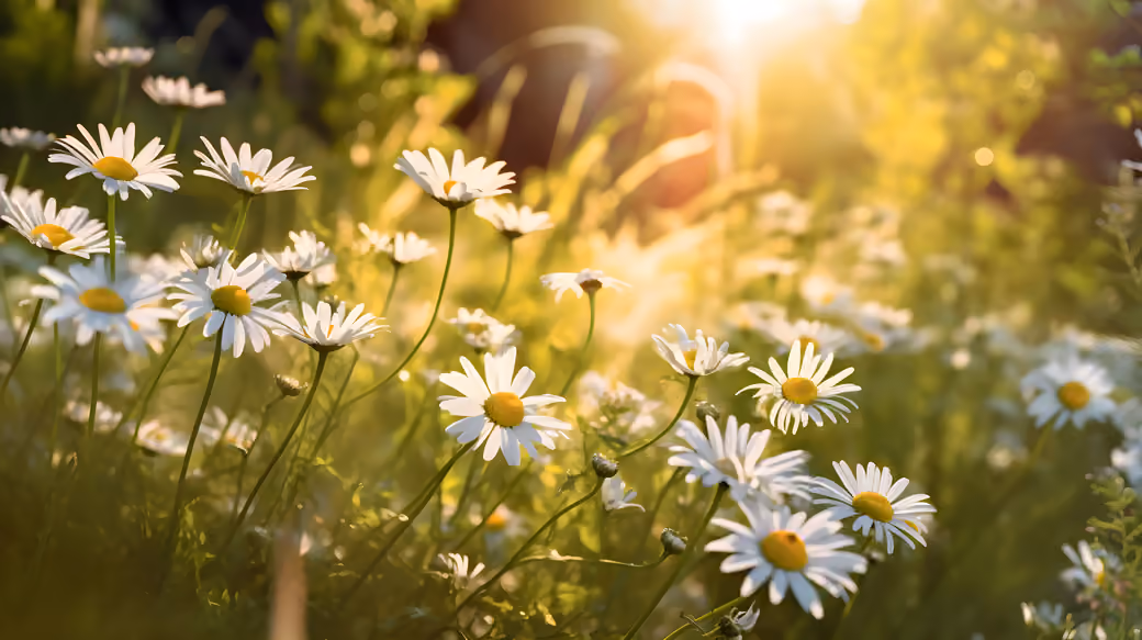 Chamomile field at dawn — desktop and phone wallpaper, free download