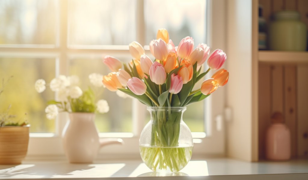 Pink Tulip Bouquet by the Window - WSVGA wallpapers in 1024x600 resolution