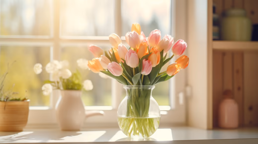 Pink Tulip Bouquet by the Window — desktop and phone wallpaper, free download