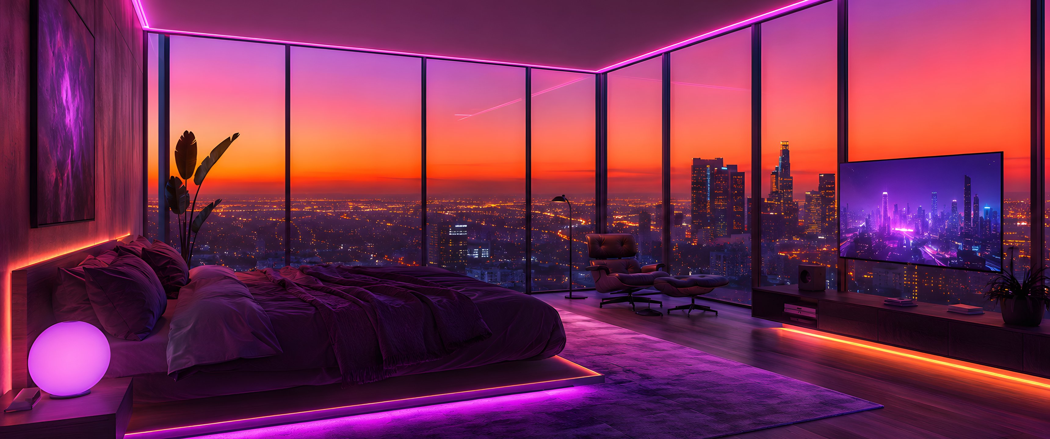 Modern bedroom with panoramic city view - UltraWide 21:9 wallpapers in 3440x1440 resolution