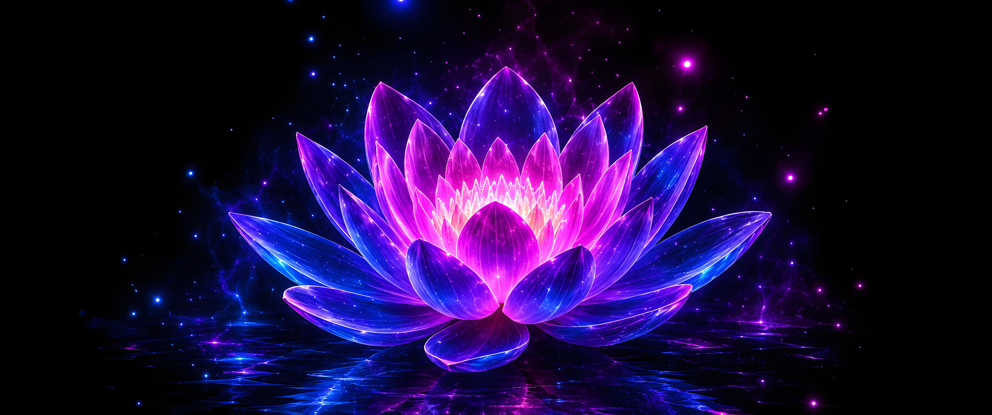 Neon lotus in the water at night - UltraWide 21:9 wallpapers in 3440x1440 resolution