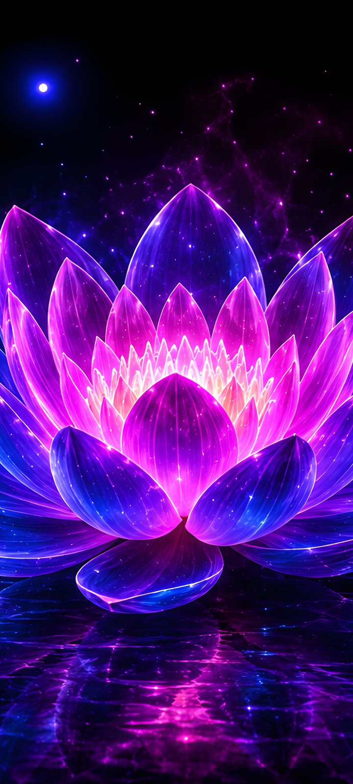 Neon lotus in the water at night - Wallpapers for Xiaomi Redmi 10C/C40/C51, Samsung Galaxy A12/A02s/A03/M12 in 720x1600 resolution