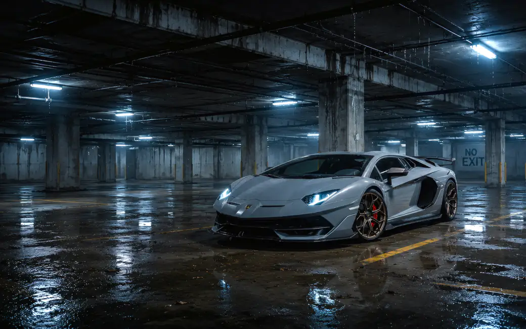 Серый Lamborghini Aventador в гараже — обои на рабочий стол и телефон