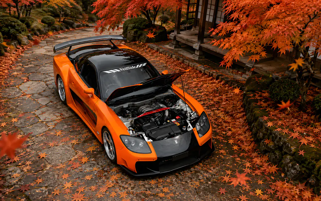 Mazda RX-7 Veilside in Japanese Autumn Garden — desktop and phone wallpaper, free download