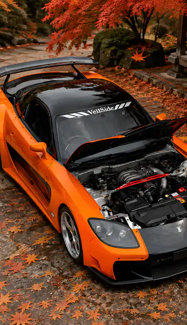 Обои сад для Samsung, HTC, Sony (540x960): Mazda RX-7, обвес, спойлер, осенние листья