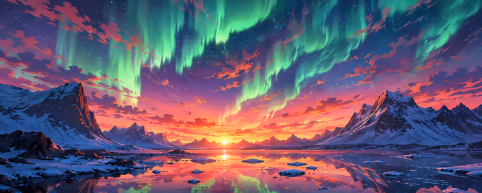 Обои лед для двух мониторов (7680x2160): северное сияние, закат, горы, вода