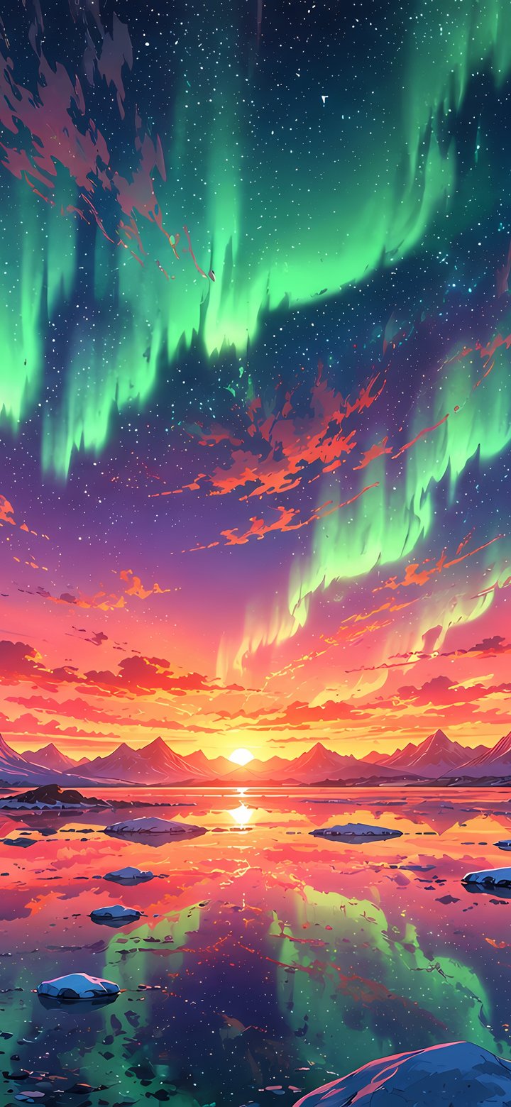 Green Aurora Over Winter Mountains - Wallpapers for Samsung Galaxy A11/A20e/A20/M11, Xiaomi Redmi 9A/9C, POCO C40 in 720x1560 resolution