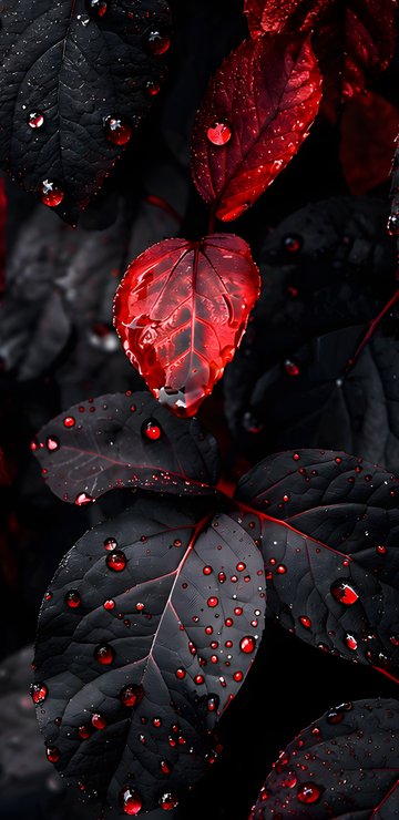 Black and Red Leaves with Dew - Wallpapers for Samsung in 360x740 resolution