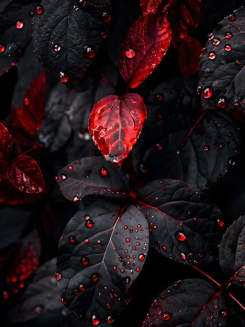 Black and Red Leaves with Dew - Wallpapers for HTC/BlackBerry in 480x640 resolution
