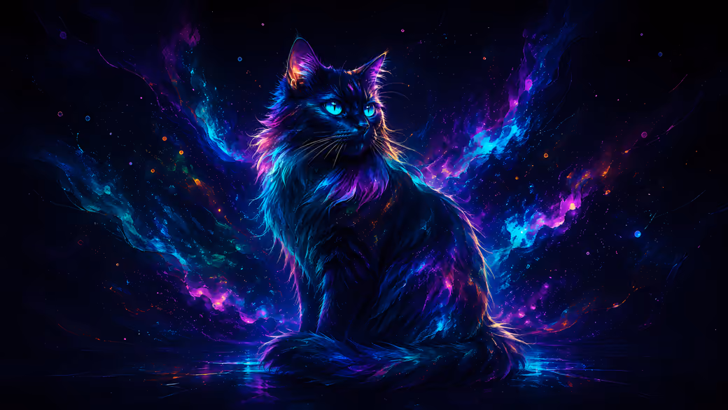 Neon black cat in a cosmic nebula — desktop and phone wallpaper, free download
