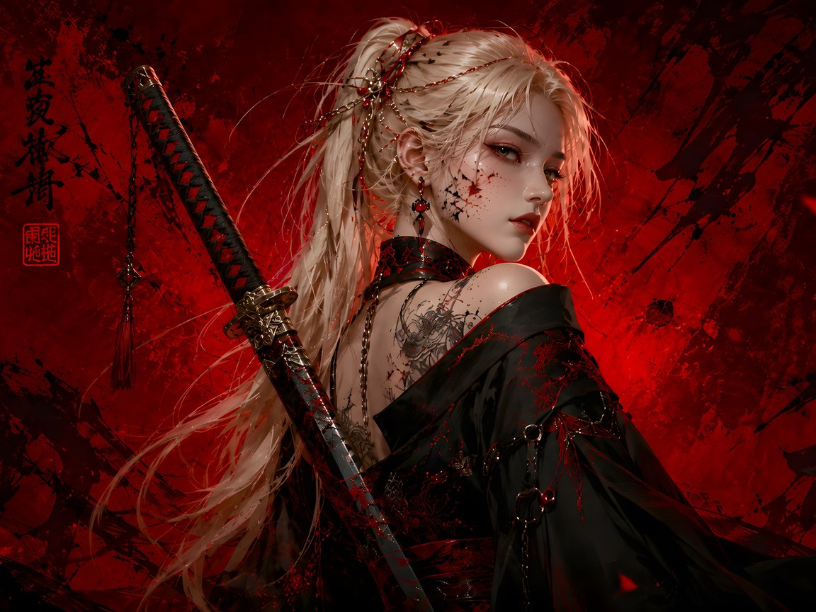 Blonde samurai with a katana - XGA+ wallpapers in 1152x864 resolution