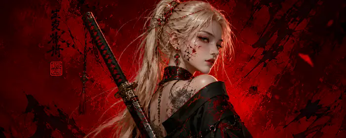 UltraWide 21:9 Makeup wallpapers (2560x1080): samurai, warrior women, blonde, katana