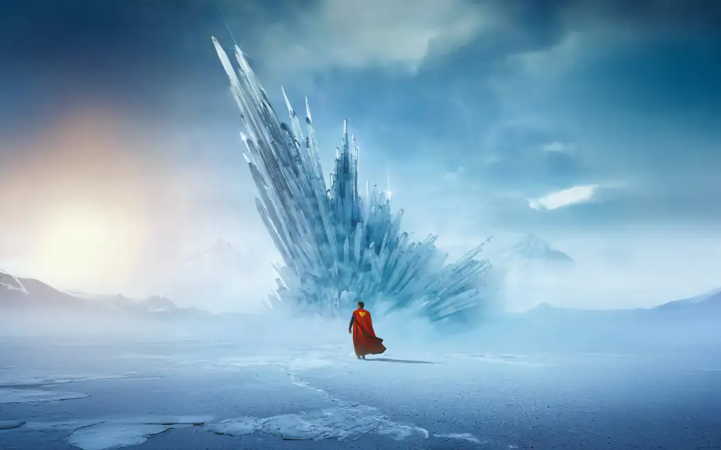 Superman on an icy planet — desktop and phone wallpaper, free download