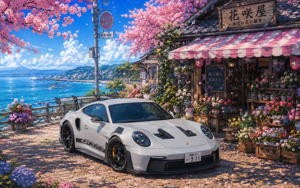 Porsche 911 GT3 RS Under Sakura — desktop and phone wallpaper, free download