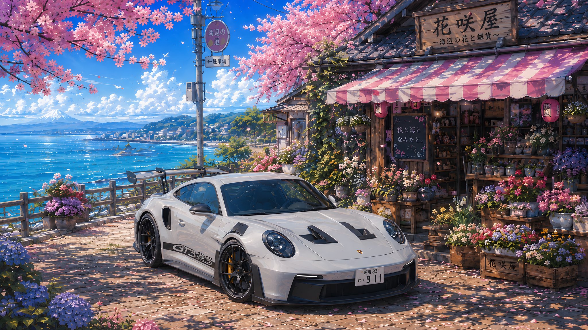 Porsche 911 GT3 RS под сакурой - QWXGA обои в разрешении 2048x1152