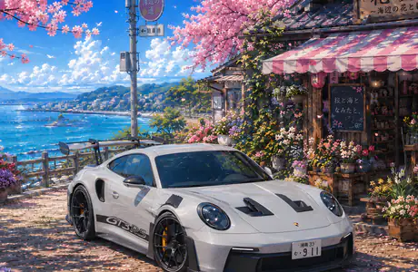 Sunshine Wallpapers for Samsung/Xiaomi (2000x2000): Porsche 911 GT3 RS, Japan, sakura, cafe