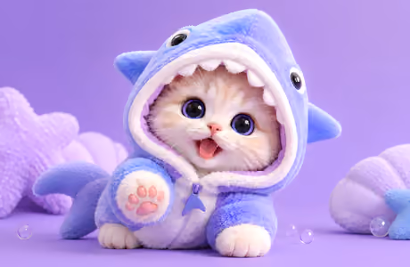 Обои радость для Lenovo, Huawei (1280x1280): котёнок, акула, фиолетовые глаза, игрушка
