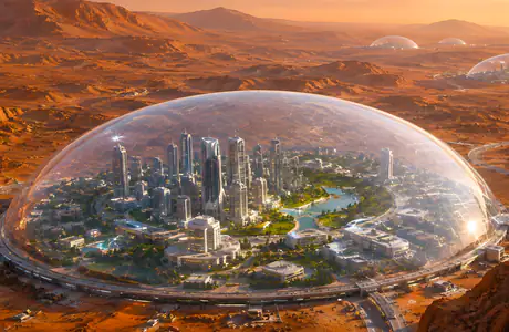 XGA+ Evening wallpapers (1152x864): Mars, metropolis, desert, skyscrapers