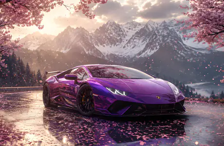 Обои машины: Lamborghini Huracán, сакура, горы, дорога