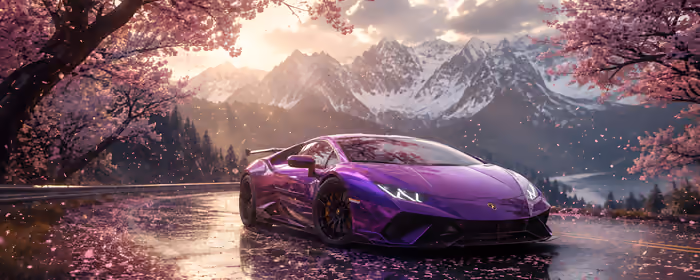 UltraWide 21:9 обои лепестки (2560x1080): Lamborghini Huracán, сакура, горы, дорога