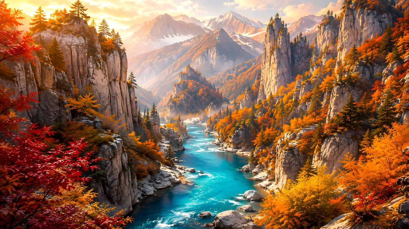 Autumn Canyon with Turquoise River - Laptop Wallpapers in 1366x768 resolution
