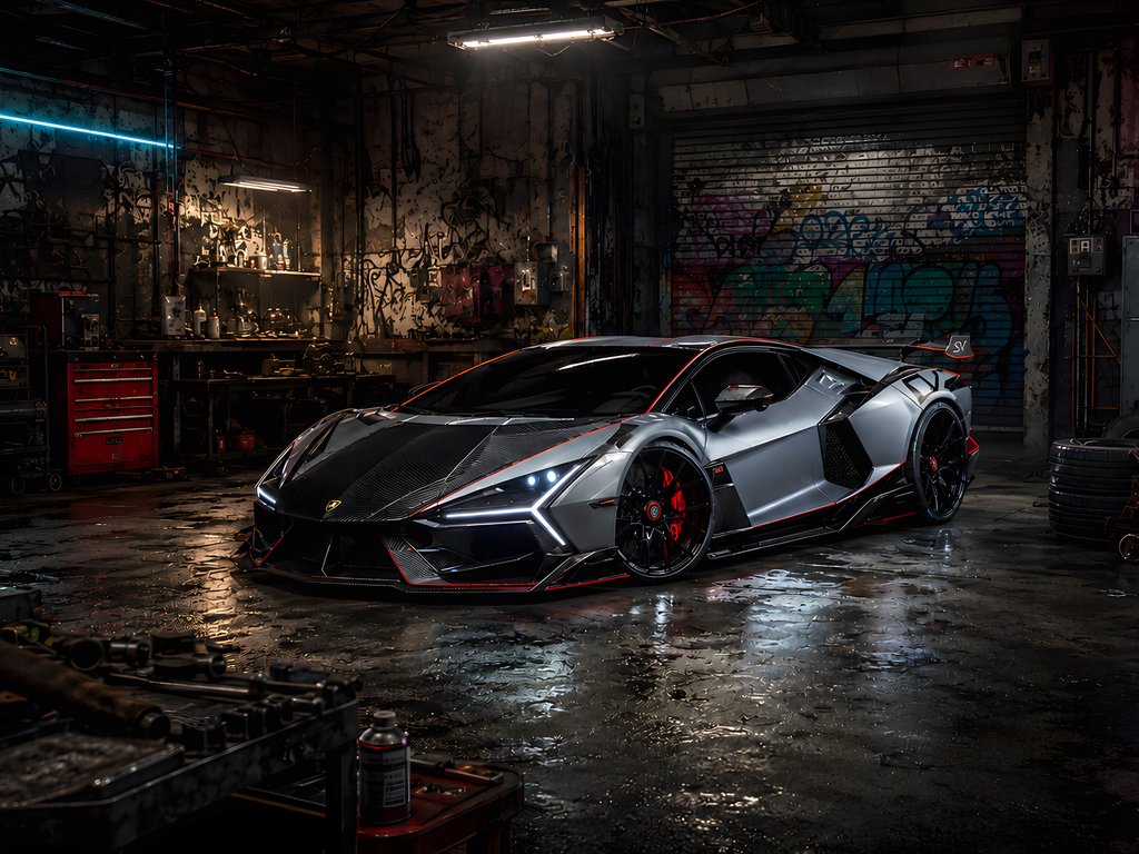 Lamborghini Revuelto SV в гетто-мастерской - XVGA обои в разрешении 1024x768