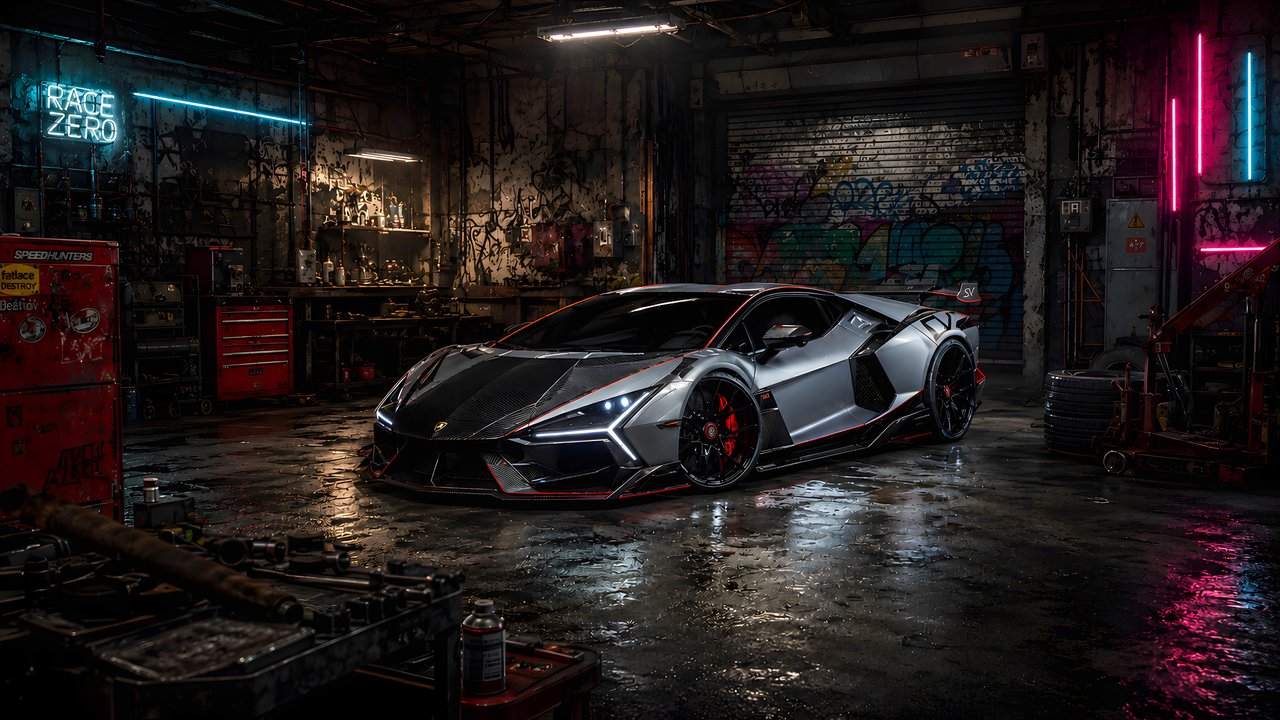 Lamborghini Revuelto SV в гетто-мастерской - HDV 720p обои в разрешении 1280x720