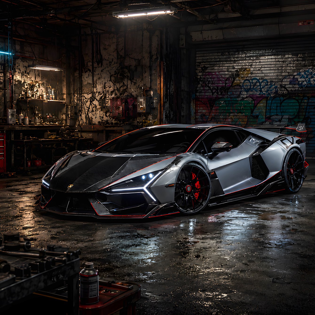 Lamborghini Revuelto SV в гетто-мастерской - Обои для Samsung Galaxy Tab в разрешении 1340x1340