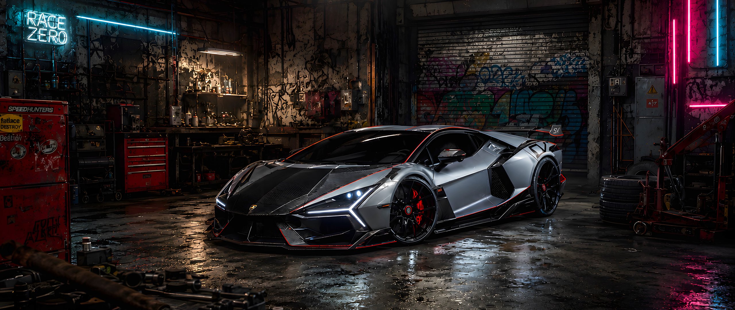 Lamborghini Revuelto SV in the ghetto workshop - UltraWide 21:9 wallpapers in 2560x1080 resolution