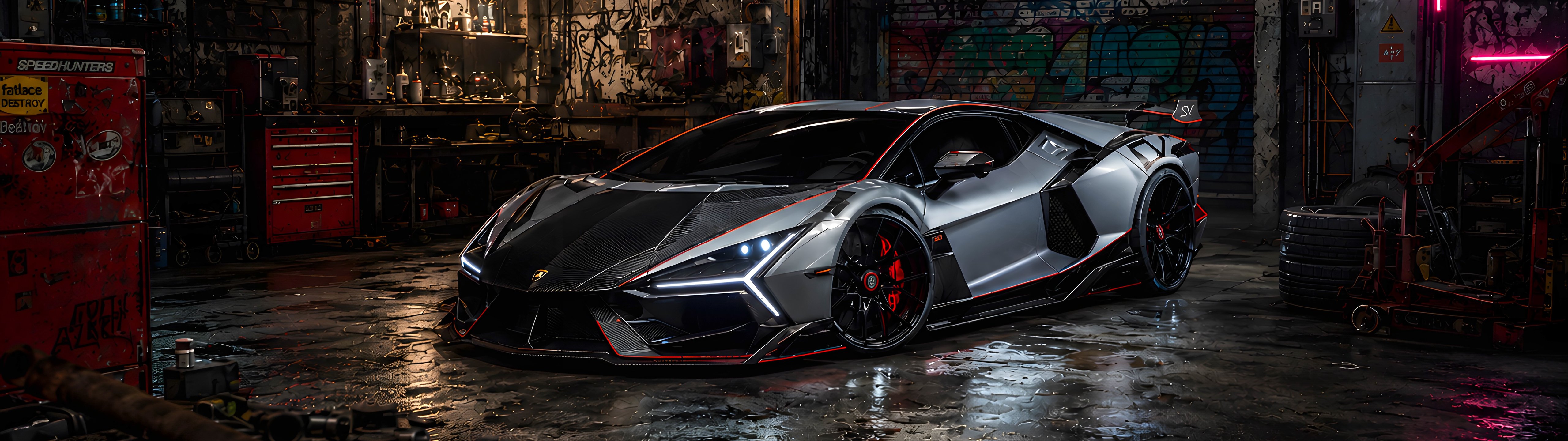 Lamborghini Revuelto SV в гетто-мастерской - UltraWide 32:9 обои в разрешении 5120x1440