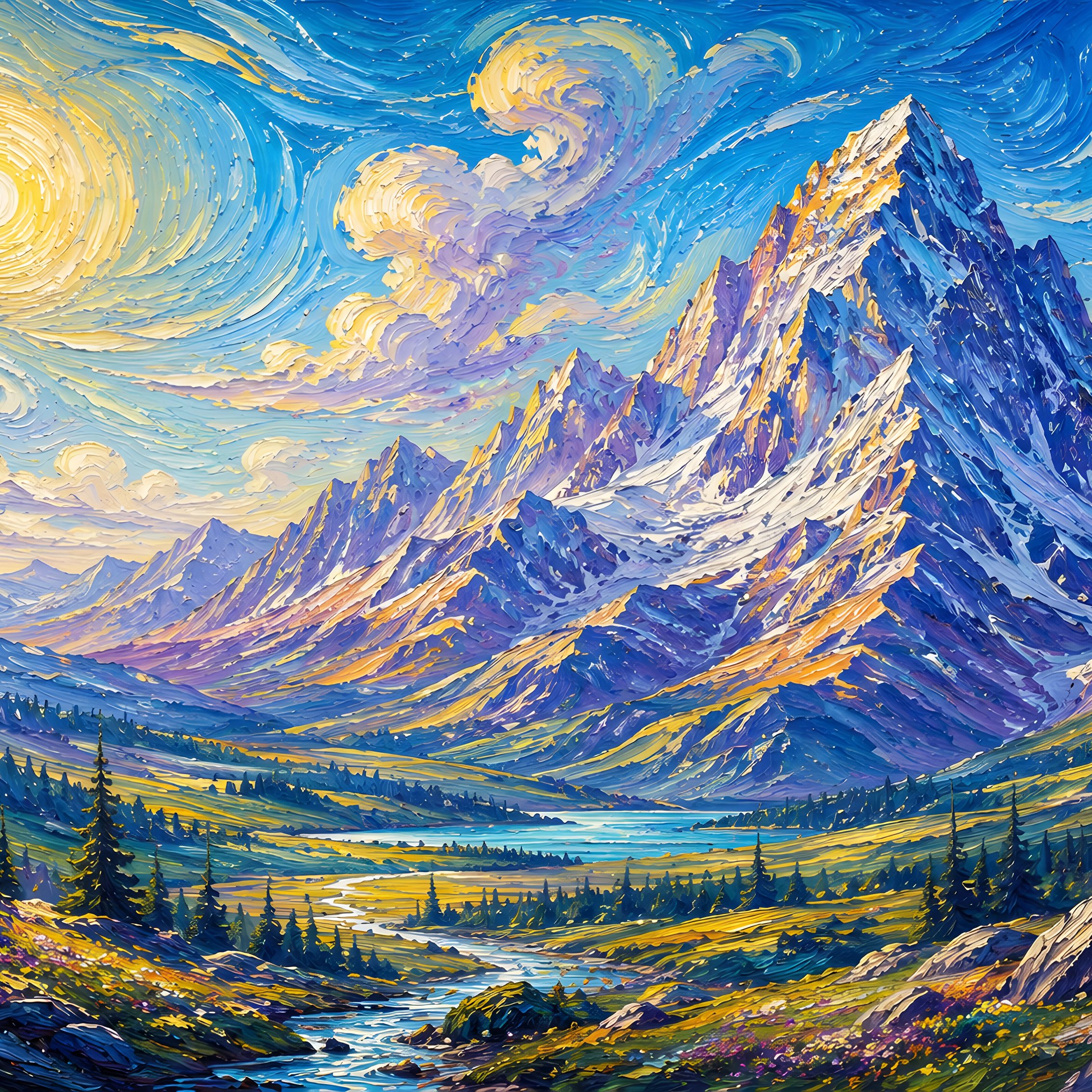 Mountains and valley in the style of Van Gogh - Wallpapers for iPad mini 8.3″ in 2266x2266 resolution