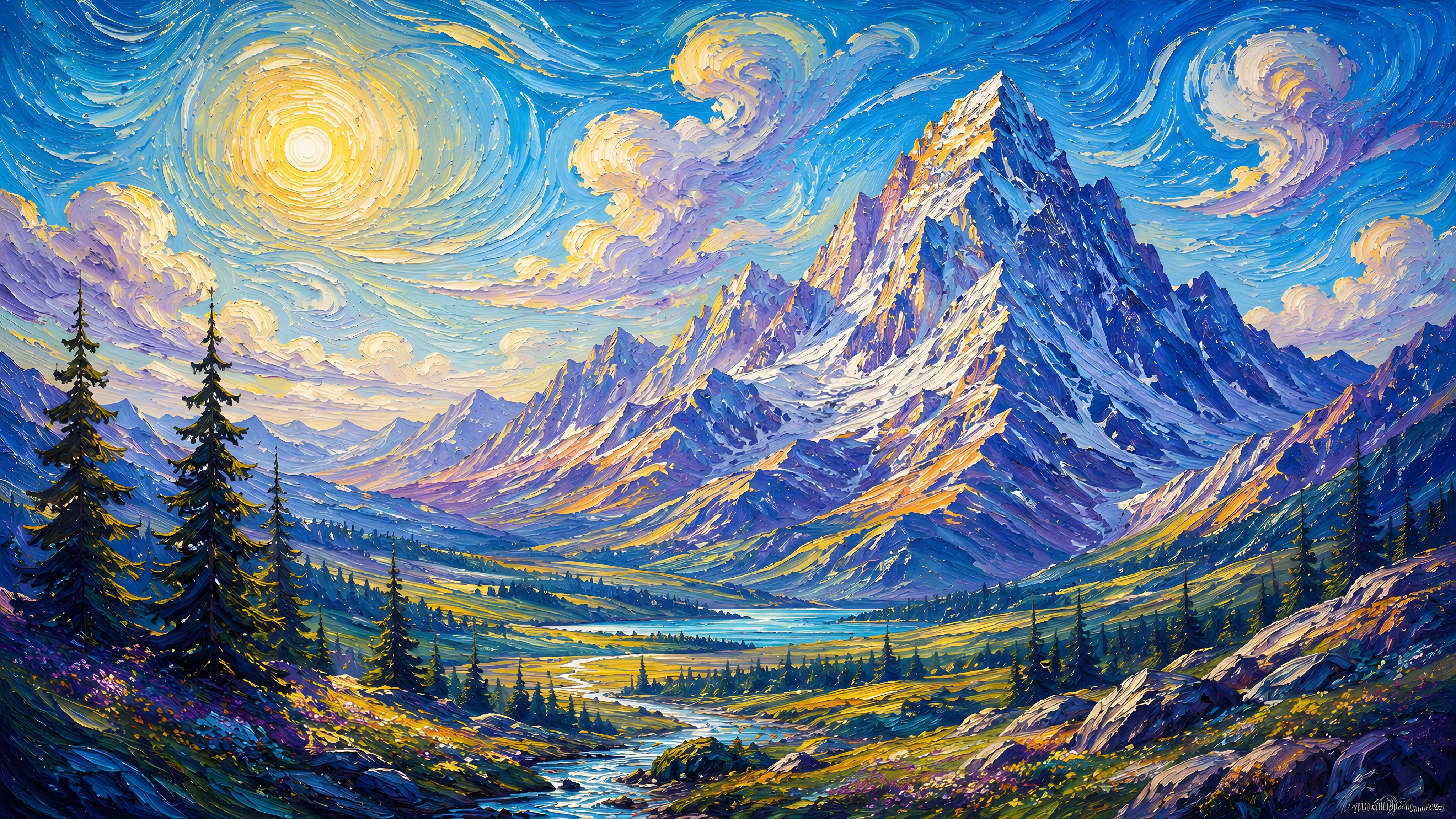 Mountains and valley in the style of Van Gogh - Wallpapers for Apple iMac 21.5″ in 4096x2304 resolution