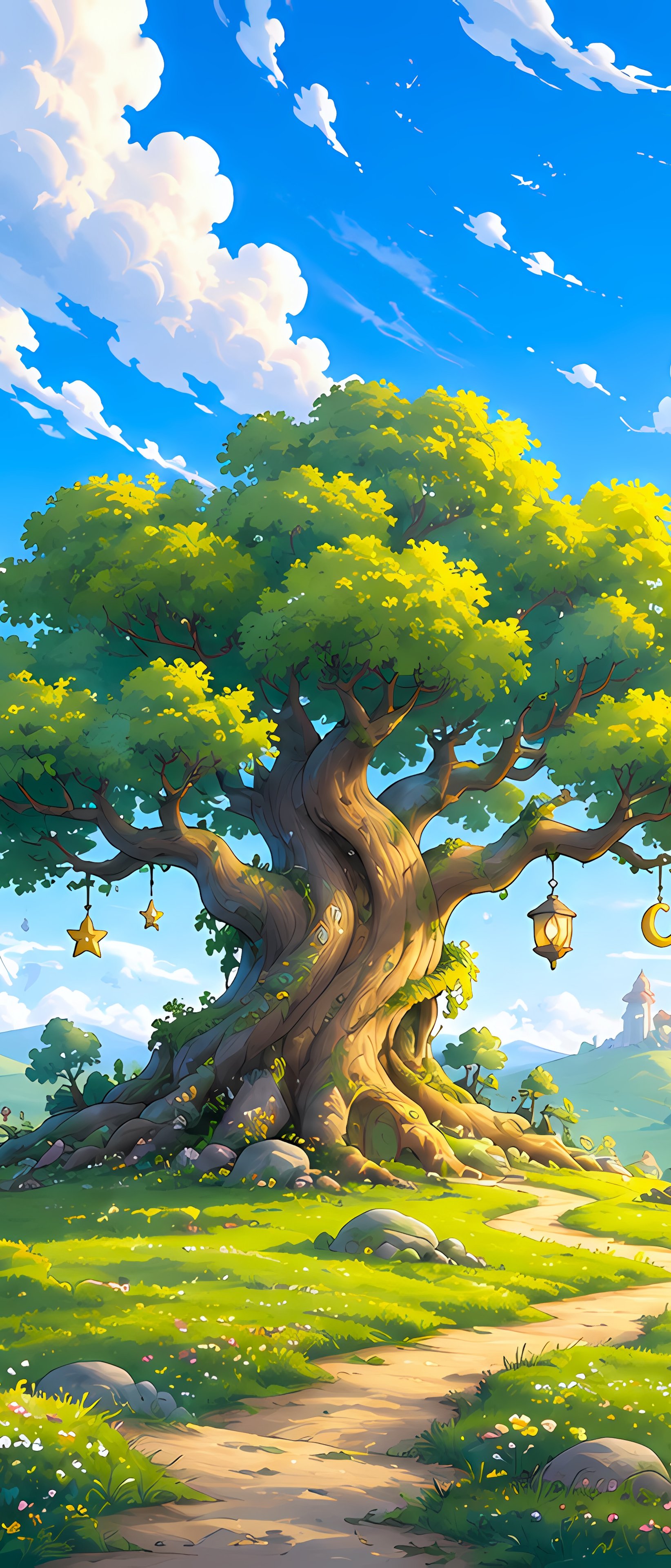 Fairy-tale world with a big tree on a green field - Wallpapers for Sony Xperia 1/Xperia 1 III/Xperia PRO-I in 1644x3840 resolution