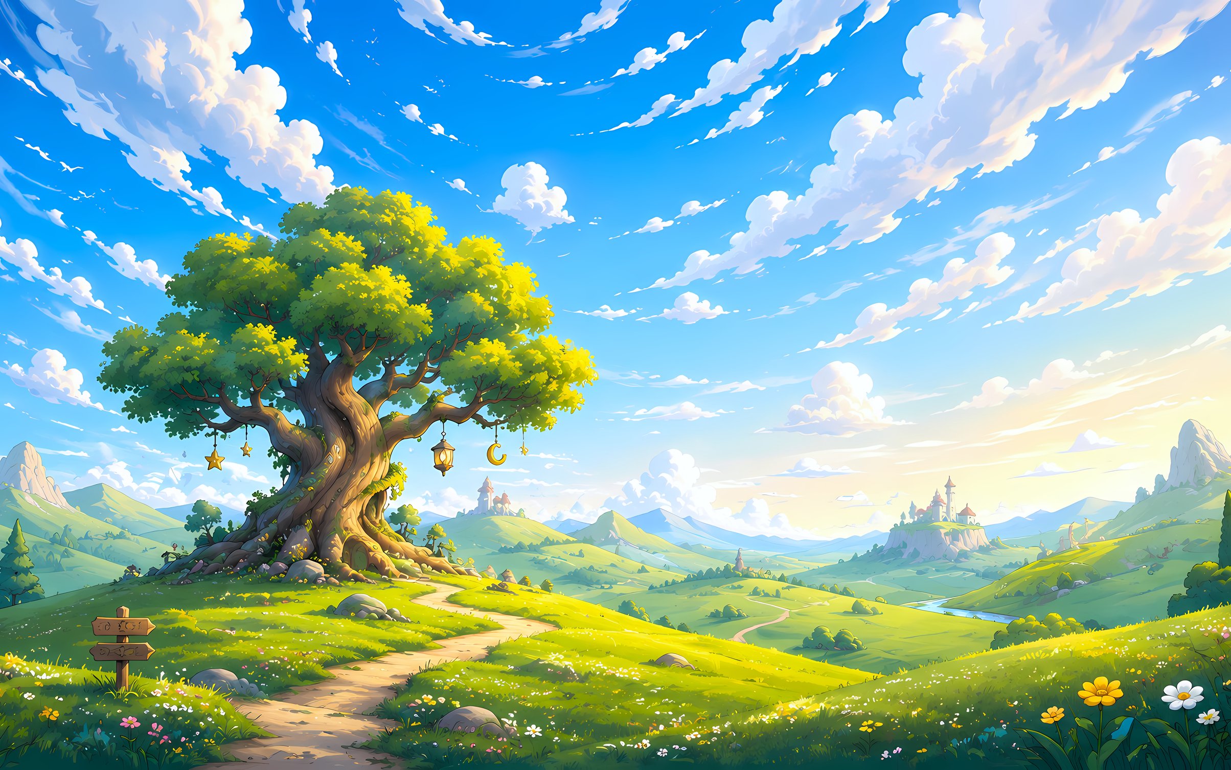 Fairy-tale world with a big tree on a green field - Wallpapers for MacBook Neo in 2408x1506 resolution