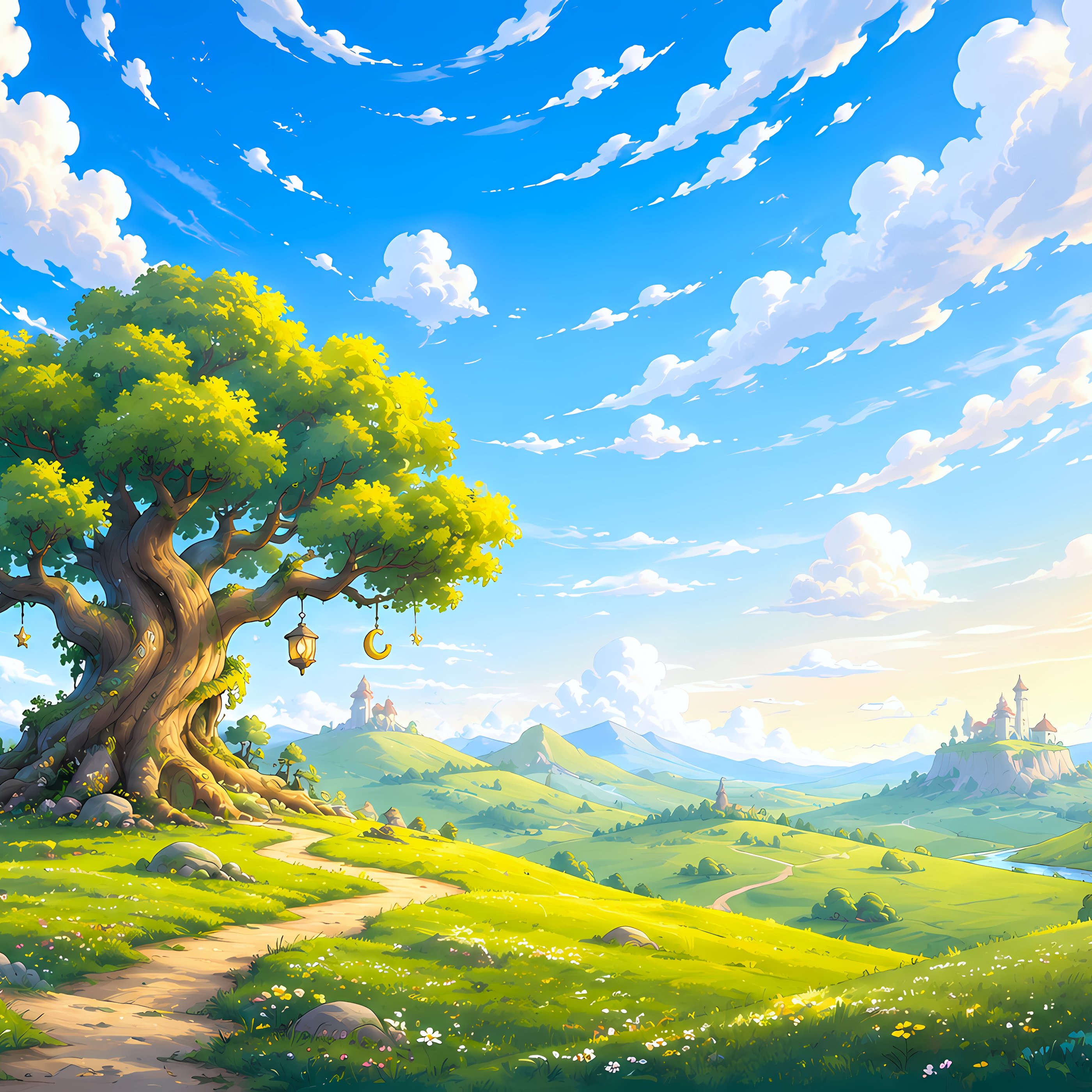 Fairy-tale world with a big tree on a green field - Wallpapers for Samsung Galaxy Tab S9+ in 2800x2800 resolution
