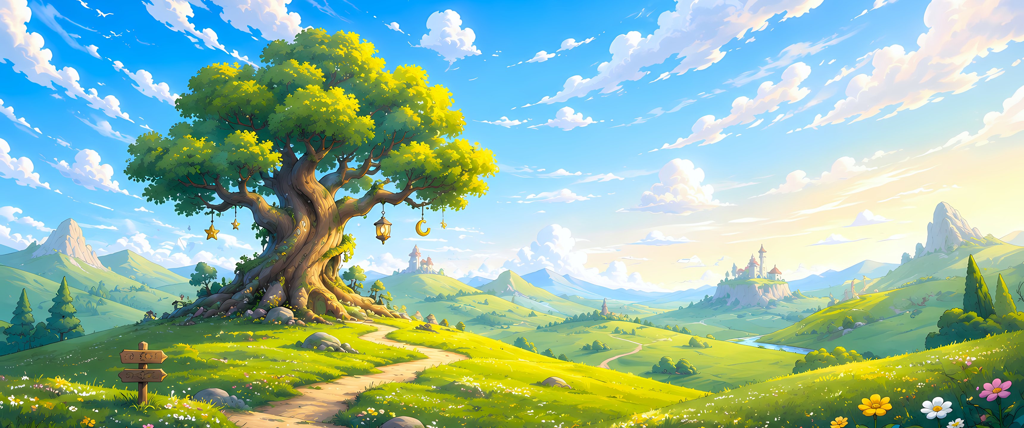 Fairy-tale world with a big tree on a green field - UltraWide 21:9 wallpapers in 3440x1440 resolution